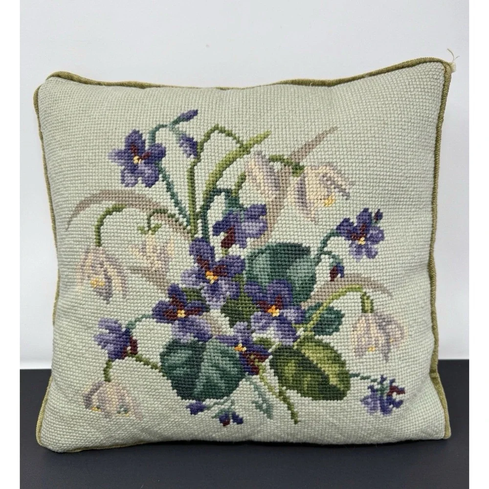 Vintage Down Filled Cross Stitch Throw Pillow With Pansies Cottage 12